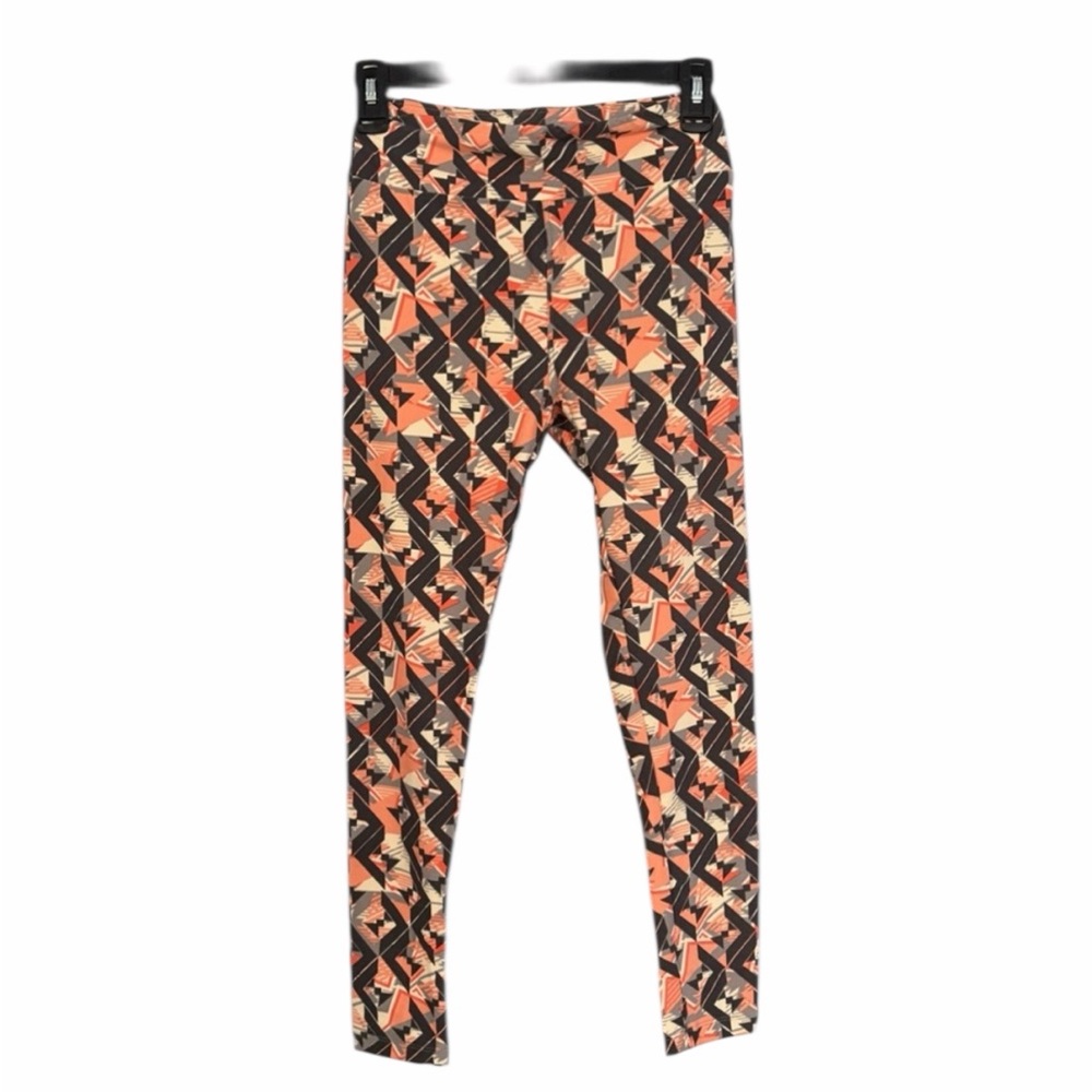 LulaRoe - One Size - Black/Peach Geometric Print Leggings NWOT Waist 11”